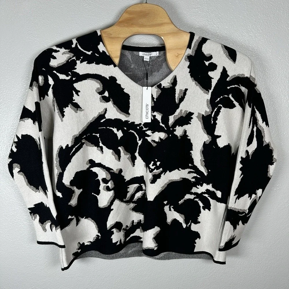 NEW Chico's Pullover‎ Sweater Womens 3/XL Paisley Jacquard Black Cream Metallic